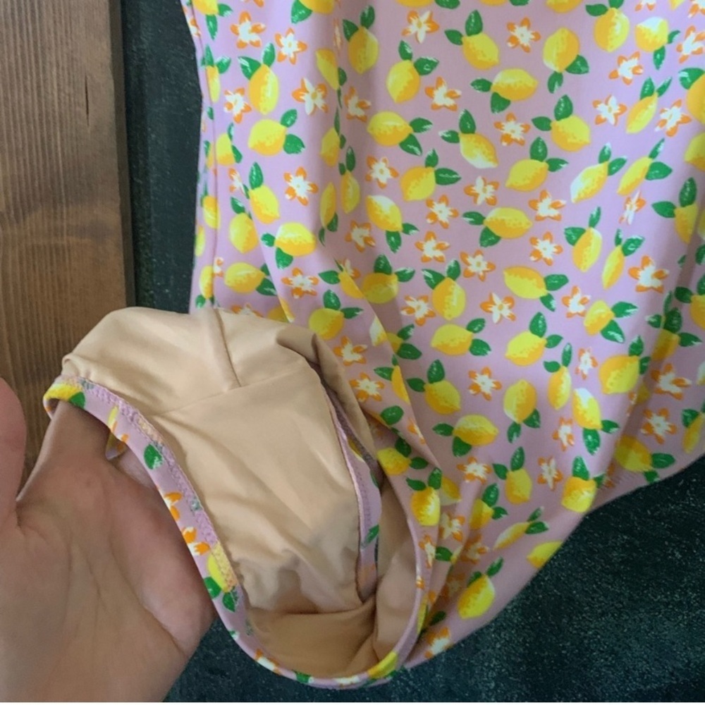 J. Crew Lemon Floral Shoulder Tie One Piece Swimsuit Pink Yellow Green Size 12 - Picture 4 of 5